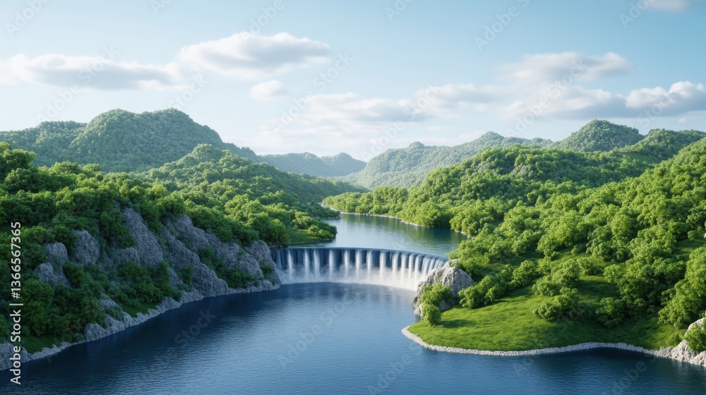 Scenic View of Lush Green Mountains with Tranquil River and Majestic Waterfall Under Clear Blue Sky Scenic View of Lush Green Mountains with Tranquil River and Majestic Waterfall Under Clear Blue Sky