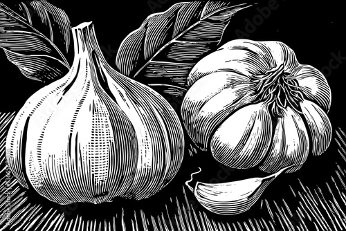 Garlic vegetable hand drawn sketch black and white illustration