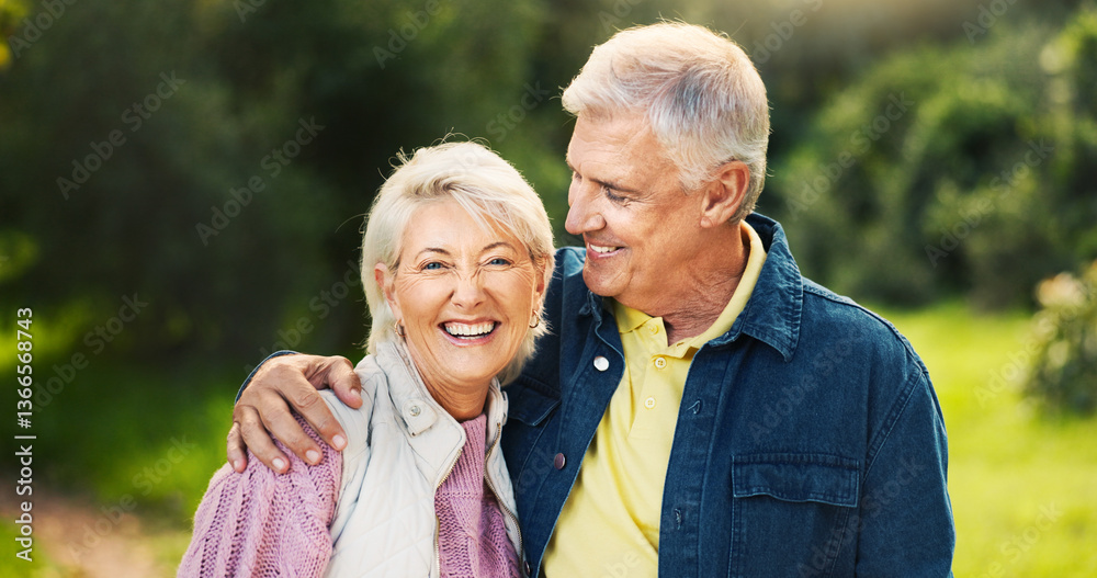 Portrait, happy and senior couple hug in park for support, trust and relaxing together outdoors in morning. Love, nature and man and woman laugh and embrace for bonding, relationship and romance Portrait, happy and senior couple hug in park for support, trust and relaxing together outdoors in morning. Love, nature and man and woman laugh and embrace for bonding, relationship and romance