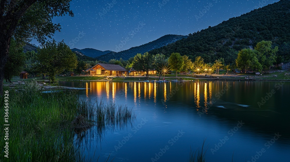 Fototapeta premium Serene Night Scene with Sparkling Water Reflection and Starry Sky in Realistic Photography