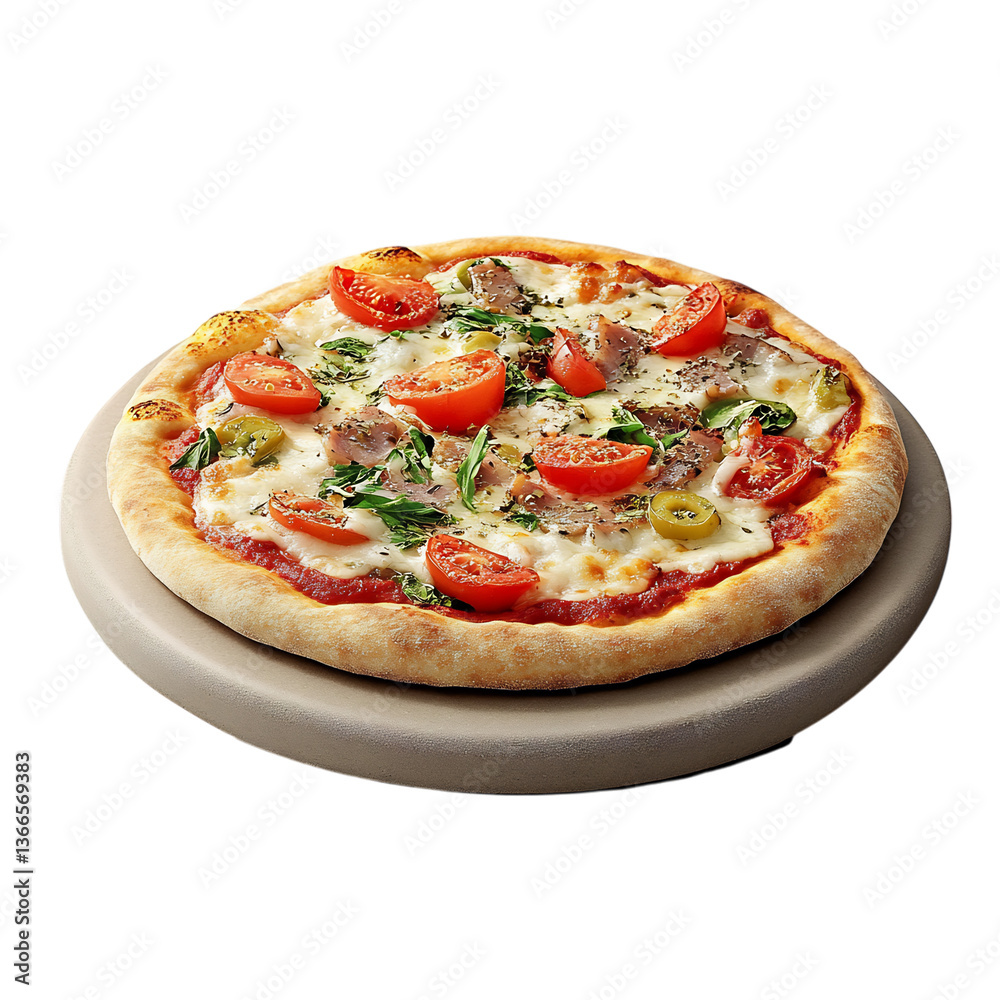 Contemporary Pizza Stone with Polished Surface and Small Meat and Vegetable Pizza Isolated on Transparent Background Contemporary Pizza Stone with Polished Surface and Small Meat and Vegetable Pizza Isolated on Transparent Background