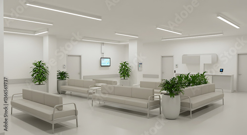 Modern Hospital Waiting Room with Seats and Potted Plants