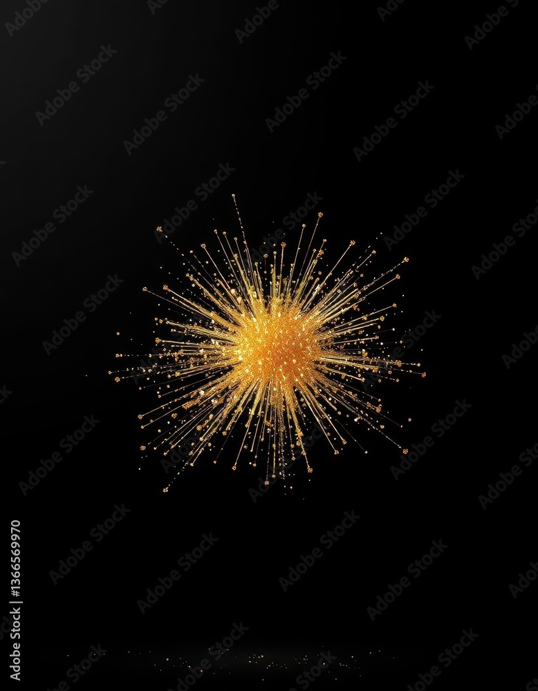 Fototapeta premium Golden glitter explosion against a stark black backdrop, pattern, explosion, splash