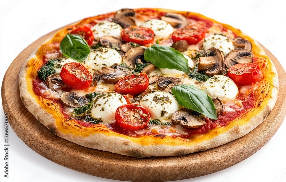 Delicious Pizza with Mozzarella Tomatoes and Basil on Wooden Board Delicious Pizza with Mozzarella Tomatoes and Basil on Wooden Board