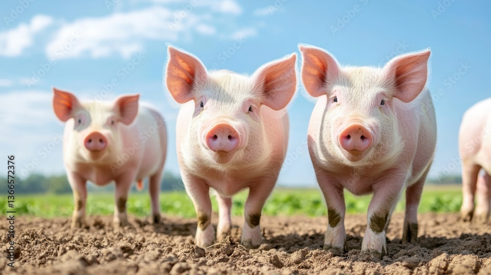 Three Cute Piglets in a Sunny Farm Field with Blue Sky and Green Vegetation in the Background Three Cute Piglets in a Sunny Farm Field with Blue Sky and Green Vegetation in the Background