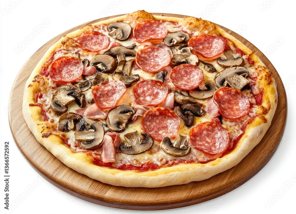 Fresh Pizza with Salami and Mushrooms on a Wooden Plate Fresh Pizza with Salami and Mushrooms on a Wooden Plate