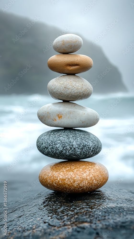 Stack of smooth, rounded stones in gray and brown on a sea background Stack of smooth, rounded stones in gray and brown on a sea background