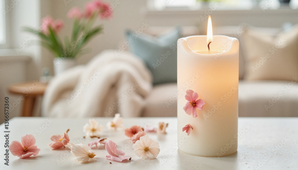 Elegant candle with floral decorations glowing in a cozy room, Scented candle with flower petals, Spring Cleaning Event Elegant candle with floral decorations glowing in a cozy room, Scented candle with flower petals, Spring Cleaning Event