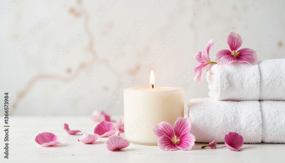 Spa towels with candle and pink flowers in a serene setting, Scented candle with flower petals, Spring Cleaning Event Spa towels with candle and pink flowers in a serene setting, Scented candle with flower petals, Spring Cleaning Event