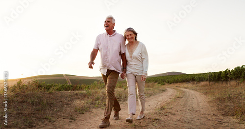 Fotografie Countryside, walking and holding hands with senior couple, romance and relationship with vacation for honeymoon