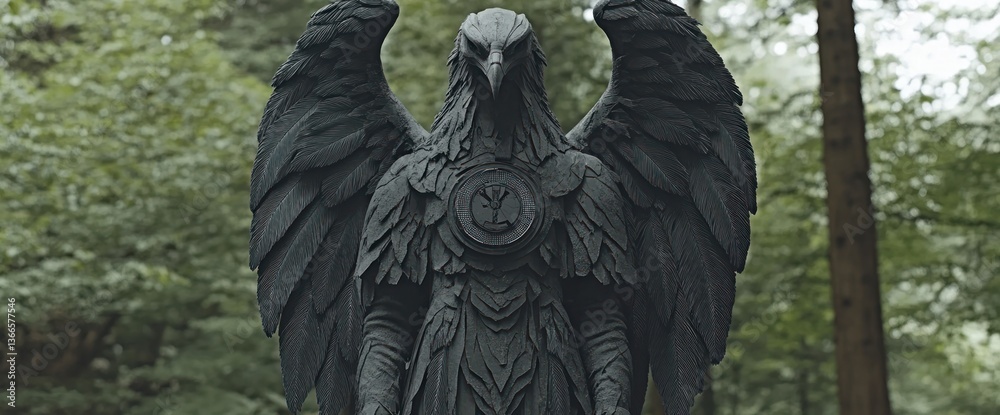 Fototapeta premium Dark mythical bird statue in forest