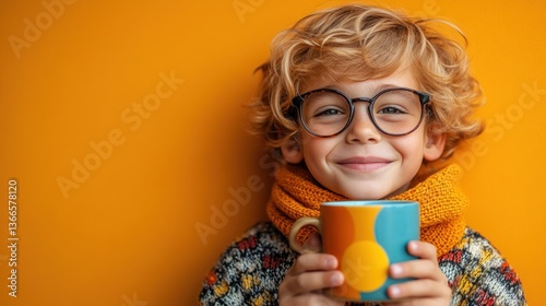 Child holding mug, cheerful expression