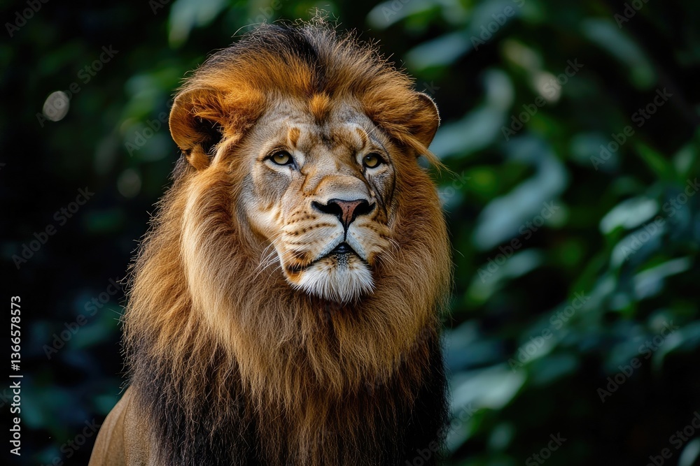 Lion Portrait Gazing Majestically with Lush Green Foliage in Background Lion Portrait Gazing Majestically with Lush Green Foliage in Background