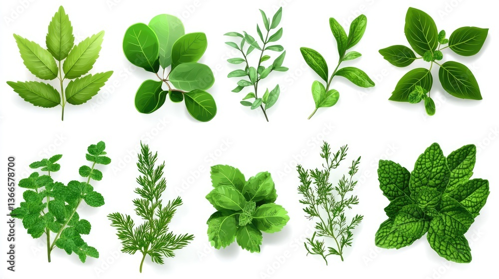 A vibrant collection of fresh green herbs including basil, mint, and oregano arranged artistically on a white background A vibrant collection of fresh green herbs including basil, mint, and oregano arranged artistically on a white background