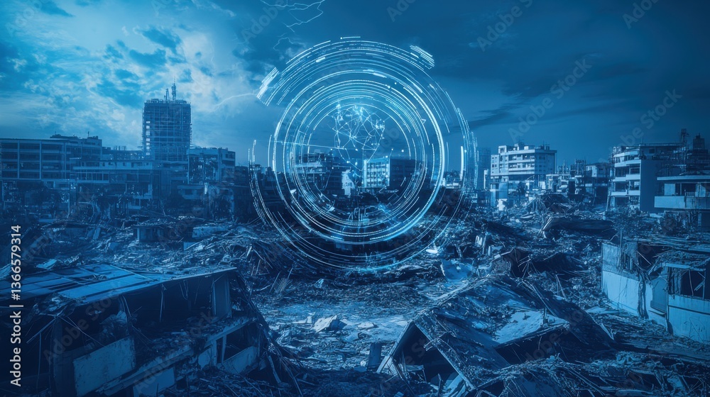 Fototapeta premium An AI powered system improving disaster recovery by analyzing recovery progress, AI-assisted resource allocation, and real-time damage assessment for more effective disaster recovery efforts