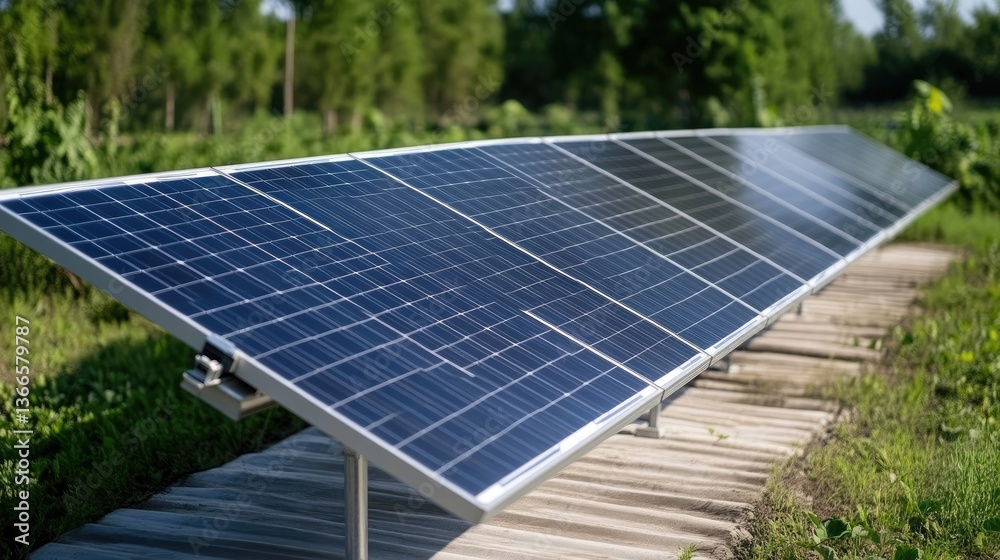 Solar panels mounted outdoors on a wooden platform. Sunlight reflecting off dark blue panels Solar panels mounted outdoors on a wooden platform. Sunlight reflecting off dark blue panels