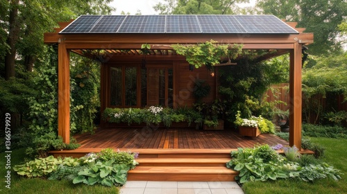 Wooden pergola with solar panels, plants, and decking