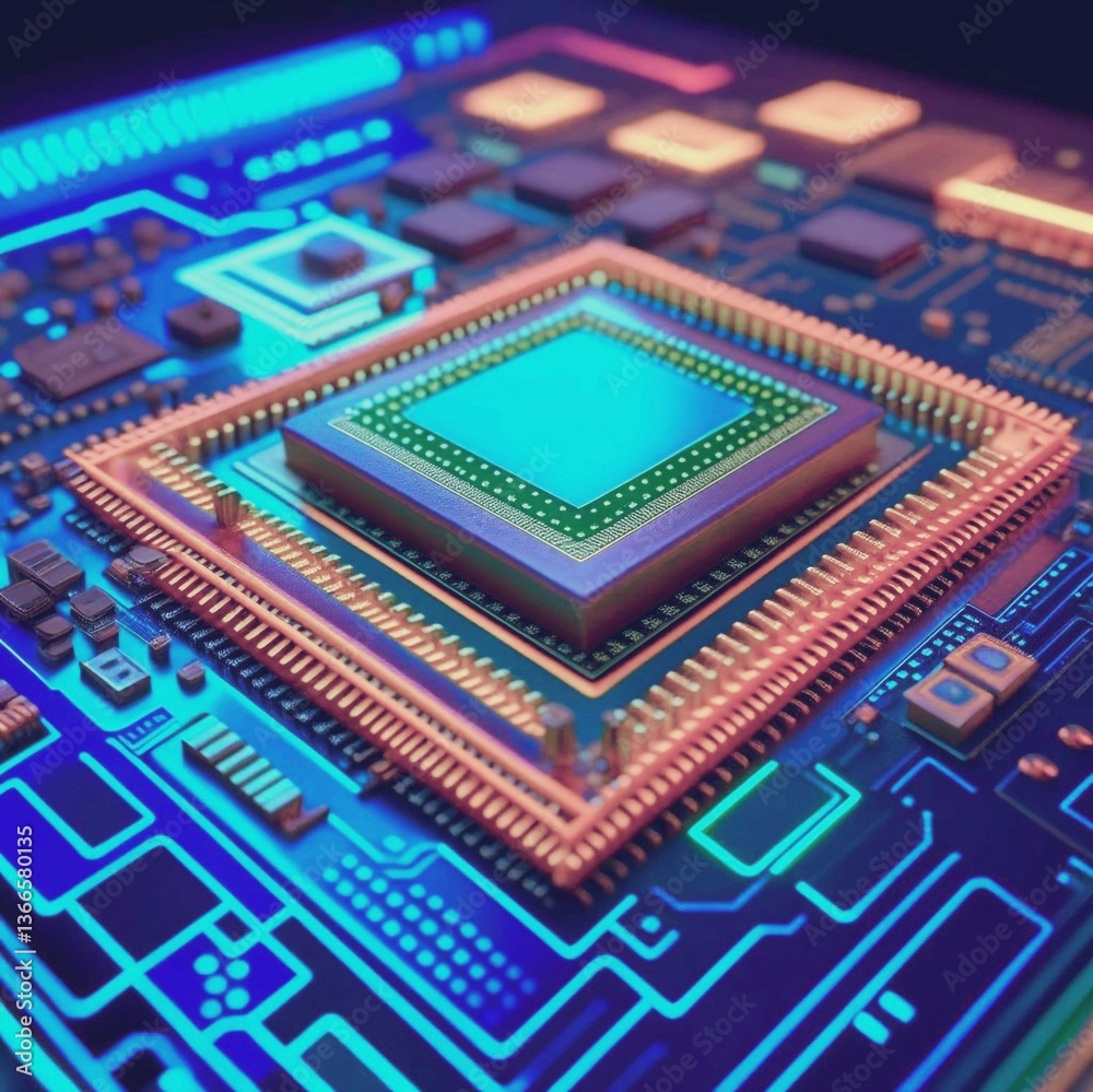 Computer Technology Processor Motherboard background. card High-tech motherboard showcases a gold-colored square CPU amid intricate circuitry on a textured motherboard Computer Technology Processor Motherboard background. card High-tech motherboard showcases a gold-colored square CPU amid intricate circuitry on a textured motherboard