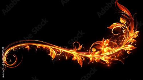 An elegant floral design glows with fiery golden light against black