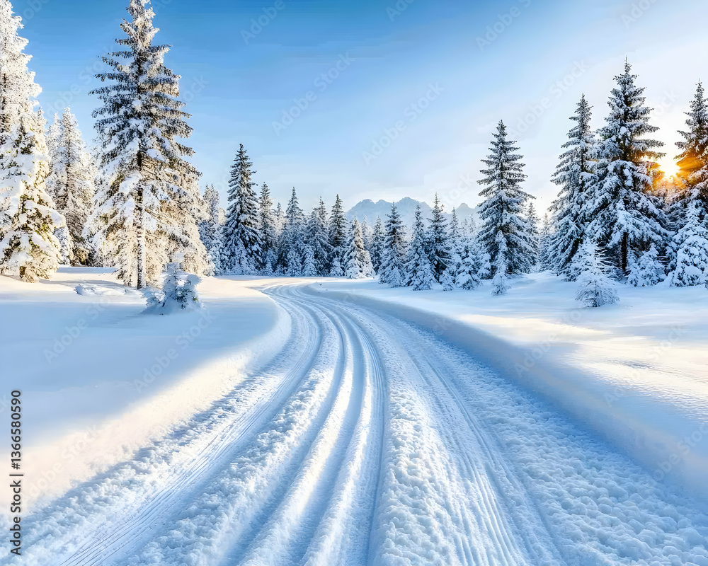 Obraz premium Snowy winter trail through a pine forest