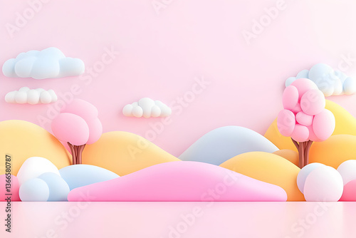 Soft pastel landscape with hills, trees, and clouds in a playful, cartoonish style