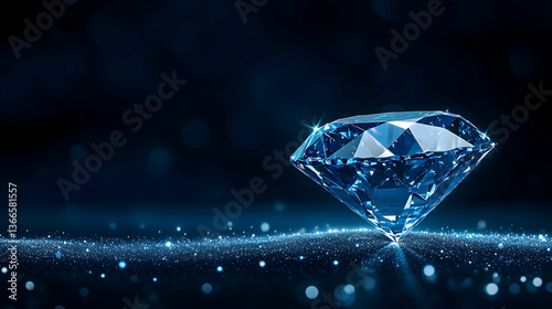 Sparkling blue diamond on dark, glittering surface