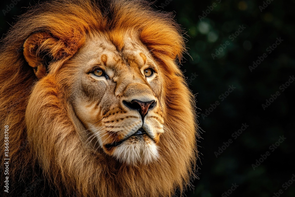 Fototapeta premium Majestic Lion Portrait Looking Left with Golden Mane Against Dark Background