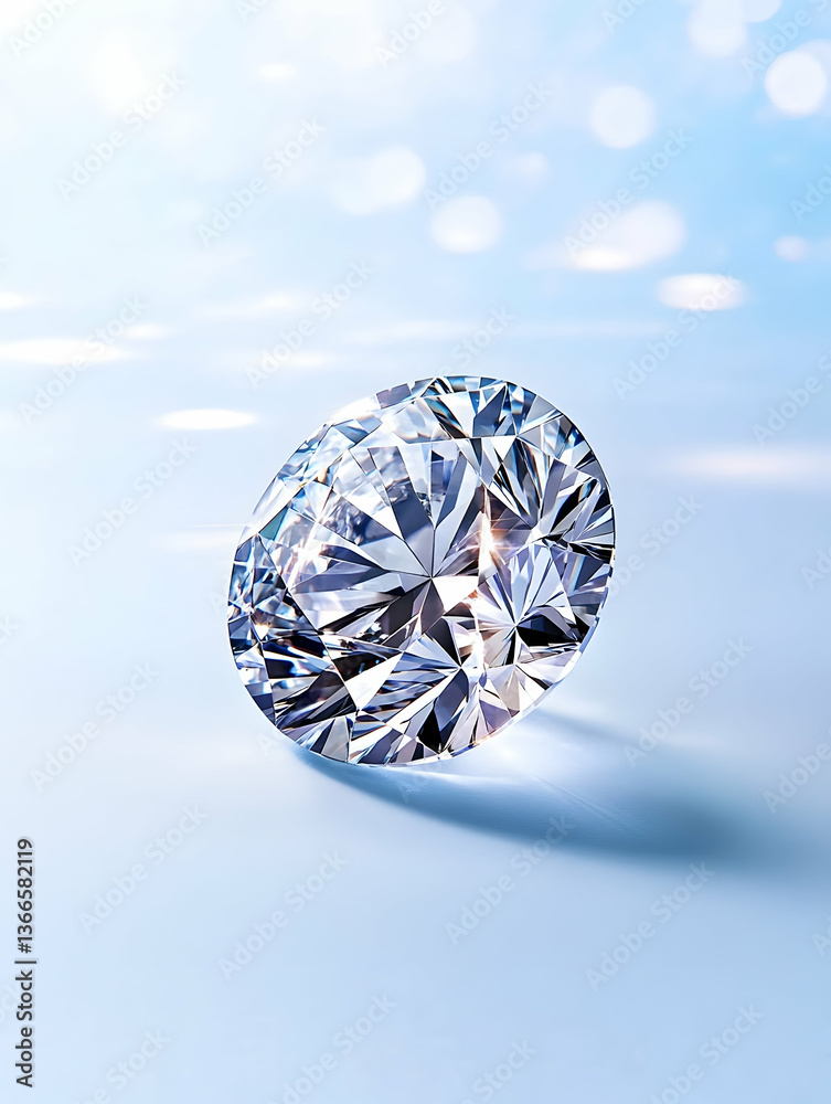 Fototapeta premium Sparkling round brilliant-cut diamond on a light blue background (1)