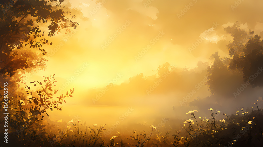 Naklejka premium A warm glow of soft golden light illuminates the evening sky, casting a serene ambiance over the misty. Serene Luminescence. Illustration