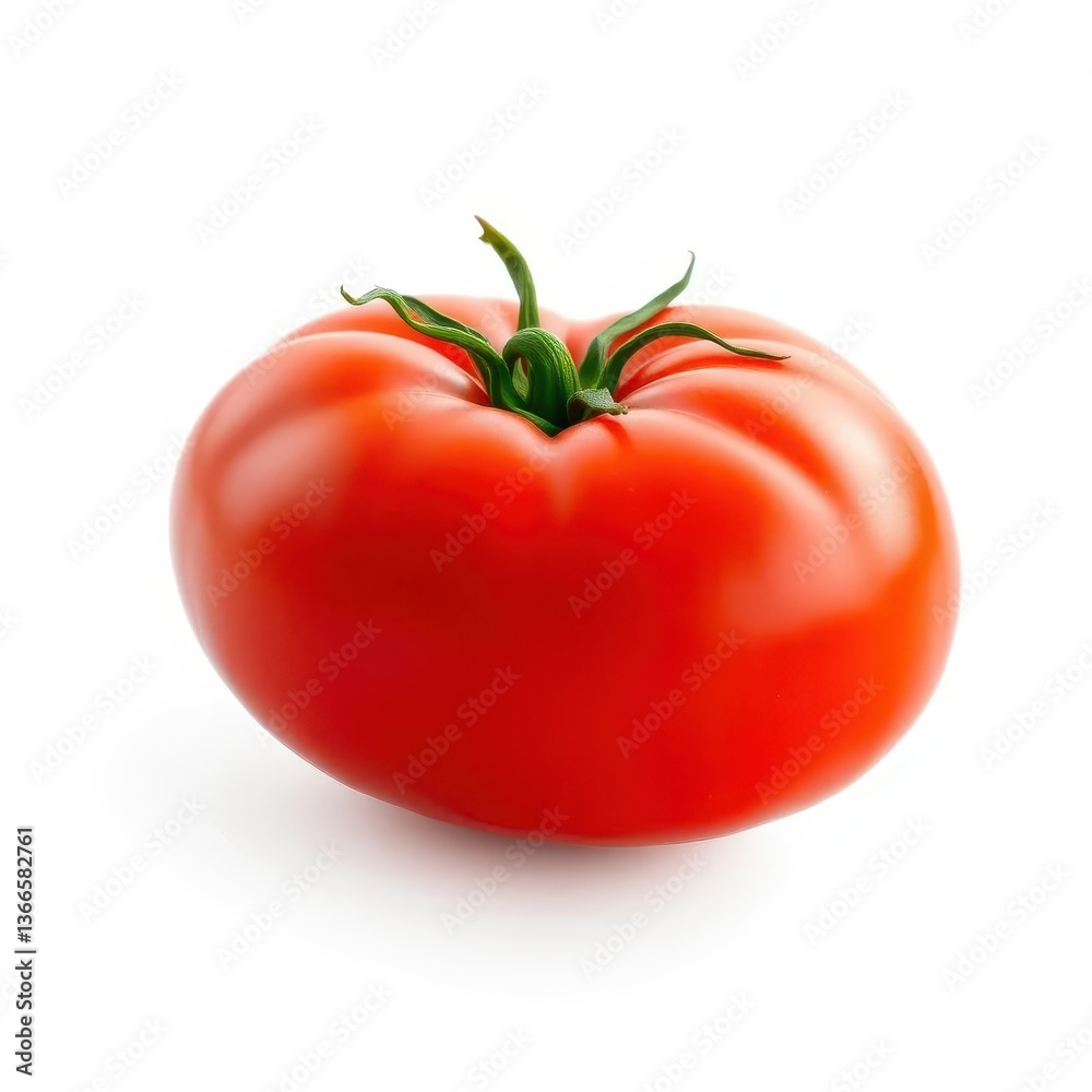 A single, ripe red tomato isolated on a pure white background, nature, tomato, perfect A single, ripe red tomato isolated on a pure white background, nature, tomato, perfect