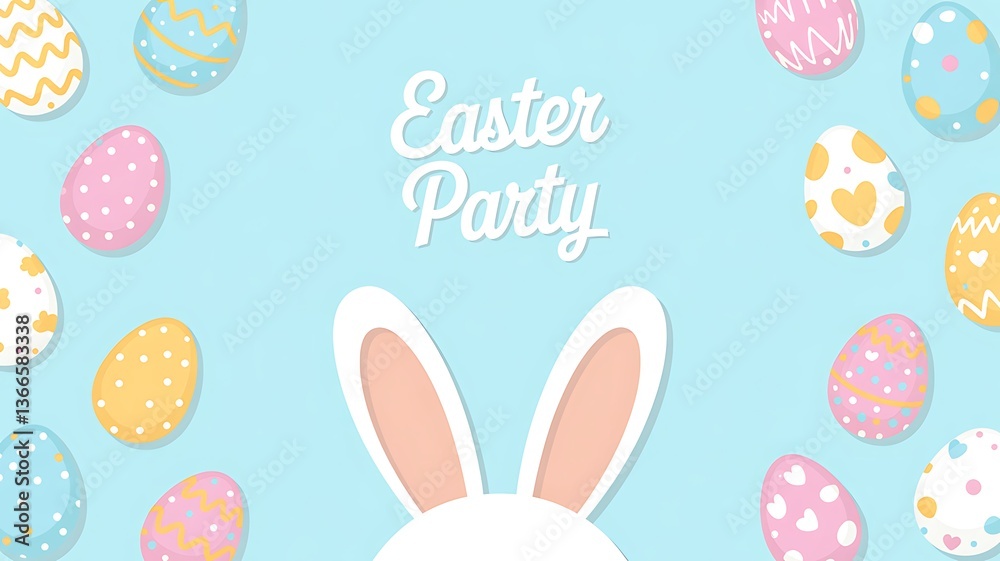 Easter Party Concept with Bunny Ears Colorful Easter Eggs Delicate Spring Flowers on a Pastel Blue Background with Copy Space for Festive Designs Greeting Cards and Holiday Invitations. Easter Holiday Easter Party Concept with Bunny Ears Colorful Easter Eggs Delicate Spring Flowers on a Pastel Blue Background with Copy Space for Festive Designs Greeting Cards and Holiday Invitations. Easter Holiday