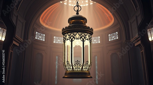 Ornate lantern hangs suspended in a grand hall interior