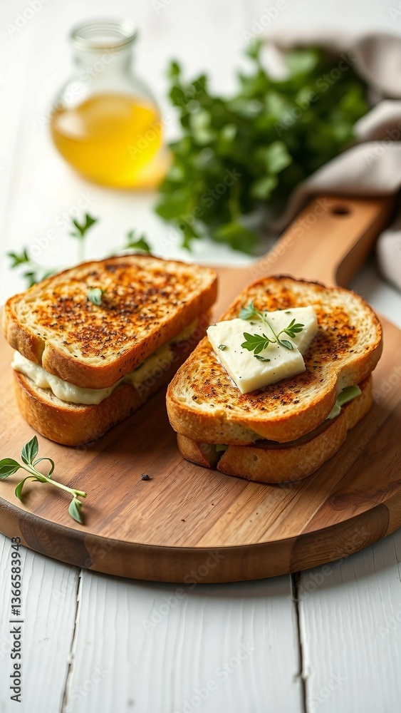 Sandwiches with herbs butter On Cutting board on white wooden background vertical Sandwiches with herbs butter On Cutting board on white wooden background vertical