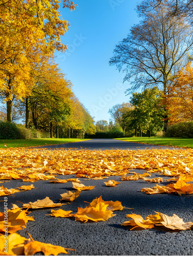 Sunlit autumn road lined with golden trees, leaves scattered on the asphalt