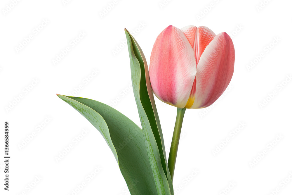 Fototapeta premium A single pink tulip with green leaves set against a transparent background