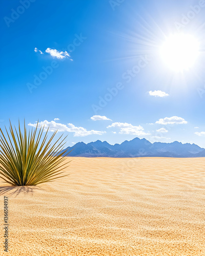Sunny desert landscape with a single plant