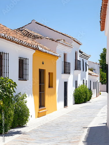 Sunny street with white buildings and yellow accents under blue sky