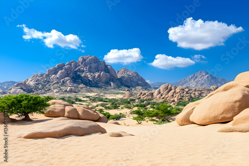 Sunny desert landscape with rocky mountains and sparse vegetation