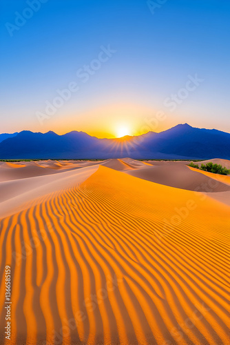 Sunrise over desert sand dunes and mountains