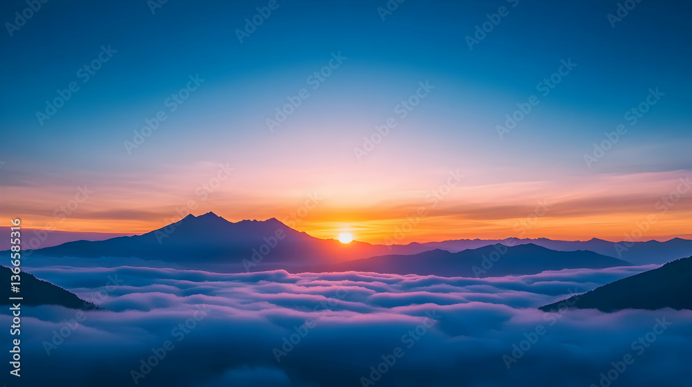 Fototapeta premium Sunset mountain view over a sea of clouds