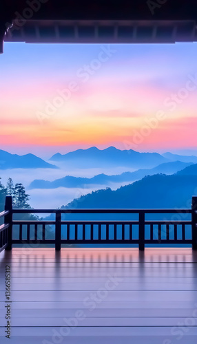 Sunrise view from a wooden balcony overlooking misty mountains