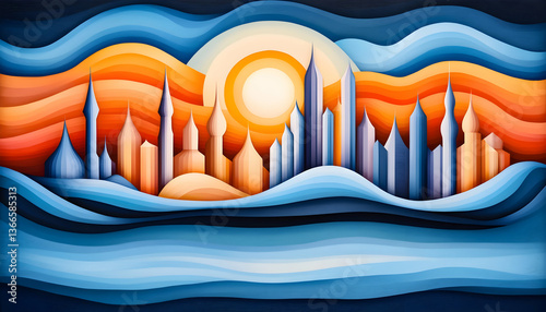 Sunrise over urban skyline with stylized wave patterns, warm and cool tones