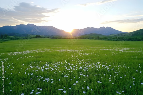 Sunset over a vibrant green field dotted with small white flowers, majestic mountains in the background