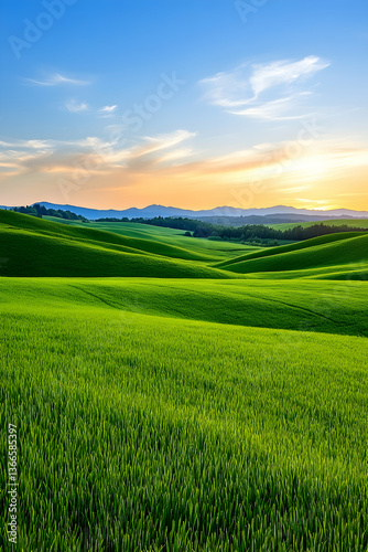 Sunset over rolling green hills and fields