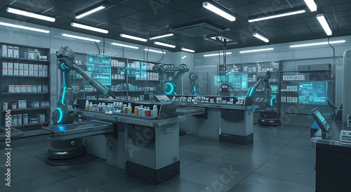 Futuristic Automated Laboratory with Robotic Arms Conducting Pharmaceutical Research
