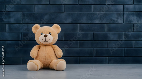Tan teddy bear sits before a dark brick wall