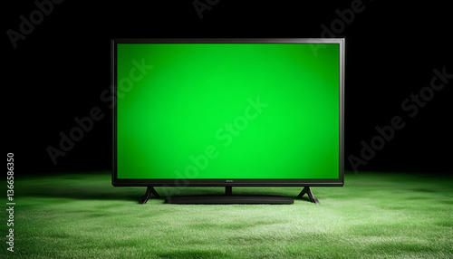 Television on grass with vibrant chroma key green screen