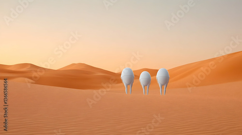 Three abstract white forms stand in a vast orange desert at sunset