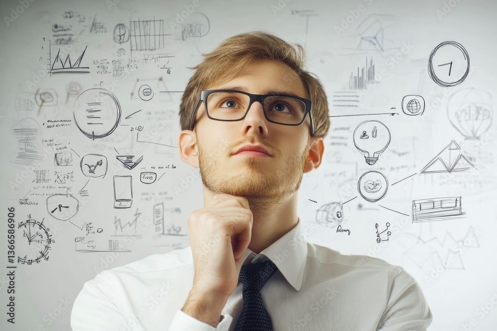 Man Thinking Deeply with Business Sketches Brainstorming Ideas and Innovation Man Thinking Deeply with Business Sketches Brainstorming Ideas and Innovation