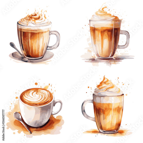 Delicious coffee drinks with creamy foam, served in clear and ceramic mugs. Great for café menus, coffee shop promotions, morning beverages, and barista-themed visuals.

